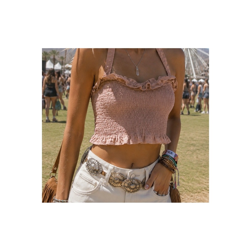 Aeropostale Linen Blend Pink Smocked Crop Top Sz L Festival Rodeo Coquette Y2K